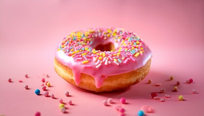 close up of a glazed donut with pink icing and colorful round sprinkles on a soft pink background