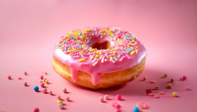 close up of a glazed donut with pink icing and colorful round sprinkles on a soft pink background