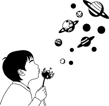 Ni&ntilde;o soplando un diente de le&oacute;n que se convierte en planetas