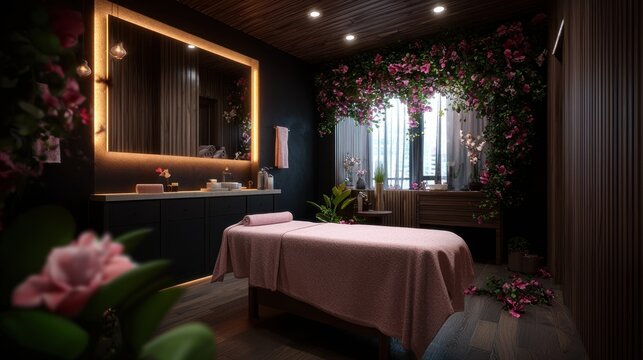 Serene spa room with massage table, floral decor, and ambient lighting.