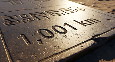 Milestone Marker Displaying Distance Reached Carved into Surface at an Outdoor Location