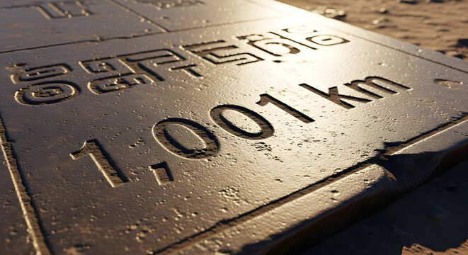 Milestone Marker Displaying Distance Reached Carved into Surface at an Outdoor Location