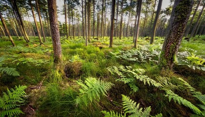 Fototapeta premium a newly restored forest area where saplings of different species grow in harmony surrounded by ferns and wild grasses