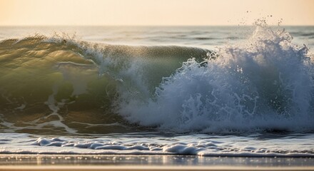 Golden Hour Sunlight Illuminates Crashing Ocean Wave with White Foam