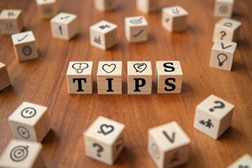 Tips and tricks guide using wooden blocks for advice and helpful suggestion concept