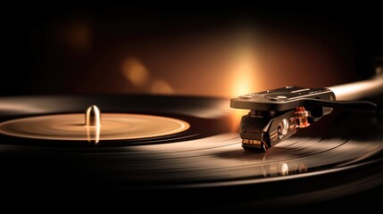 Close up of a classic phonograph needle touching grooves of a spinning black vinyl record, creating rich sound. Warm light illuminates the rotating disc in a dark room setting, evoking retro music.