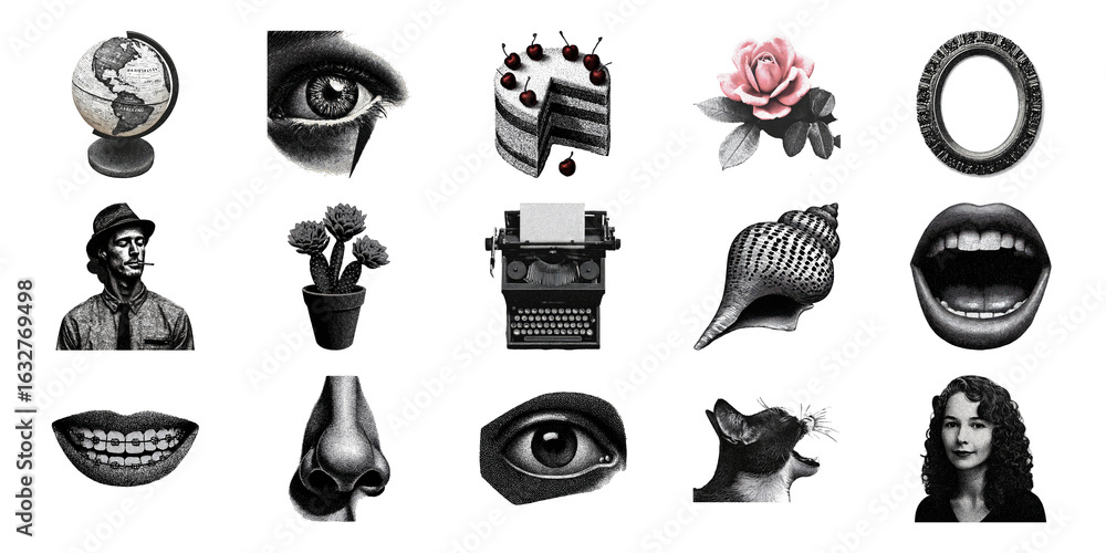 Poster retro collage elements set. vintage objects and faces for nostalgic collection illustration isolated