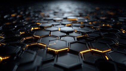 Abstract pattern of dark hexagons with glowing lines