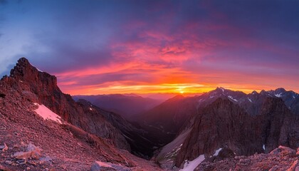Naklejka premium a serene sunrise over jagged mountains casting vibrant hues of orange pink and purple across the sky
