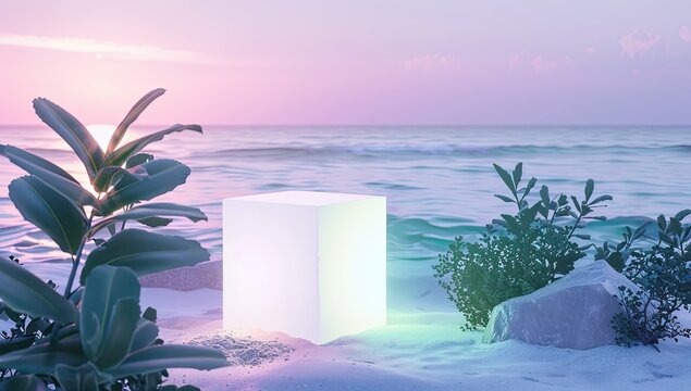 Luminous cube on a pastel beach - Powered by Adobe