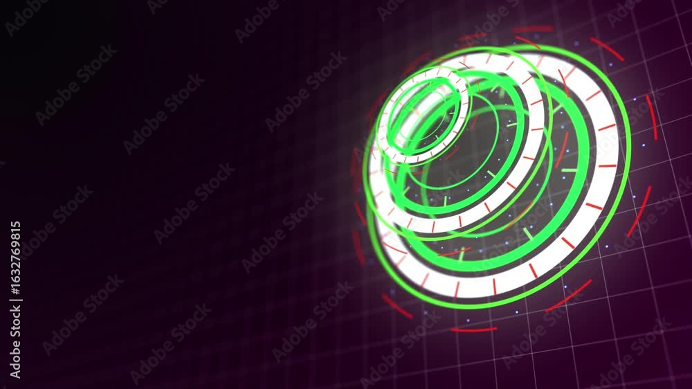 Poster dynamic ui animation with green and white circles on a purple grid.