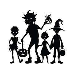 full black silhouette of trick or treaters on a white background