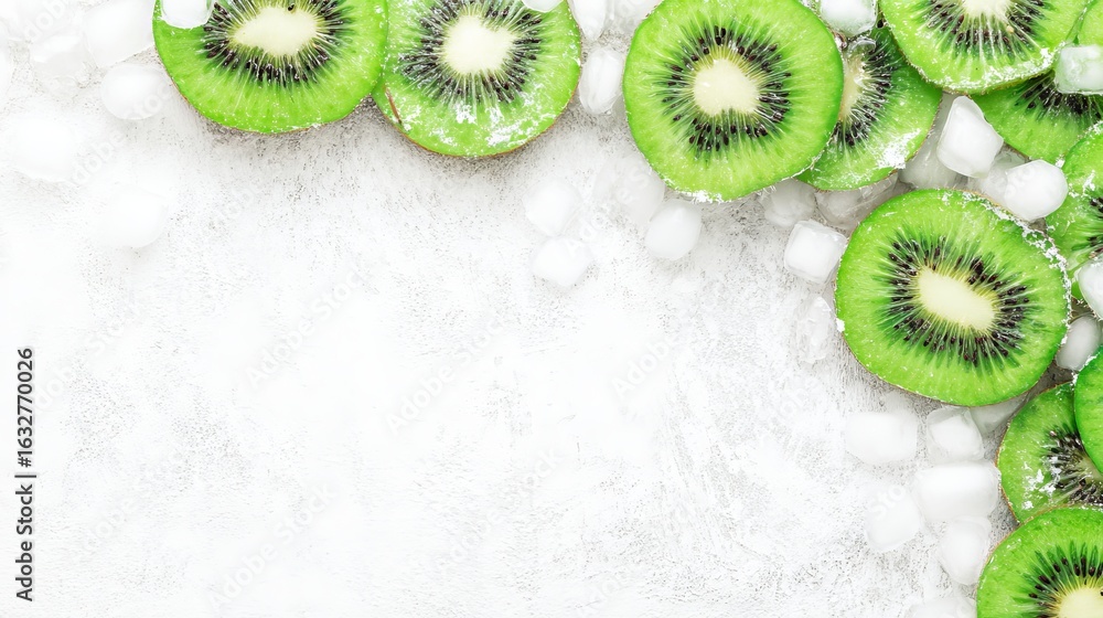 Poster fresh green kiwi slices arranged on a textured white background with ice cubes, creating a vibrant a