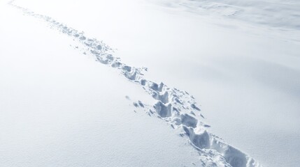 Footprints in fresh snow create a winding trail across a vast, untouched winter landscape, showcasing the beauty of nature and the serenity of a snowy environment