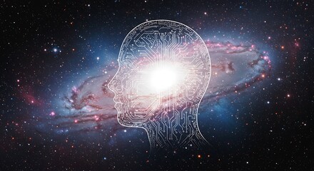 Obraz premium Human Head Silhouette with Circuit Design and Nebula Background