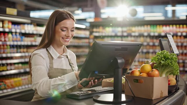 positive woman cashier at the checkout in the supermarket