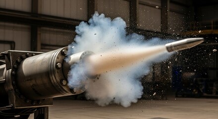 High-Speed Projectile Launching from Industrial Barrel with Smoke and Debris