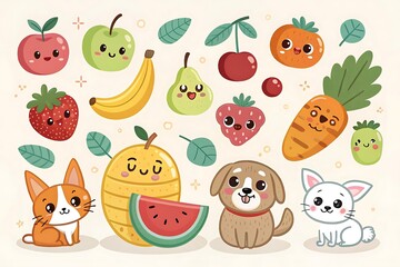 Fototapeta premium Funny cartoon fruits with cute faces and playful expressions seamless pattern vector illustration