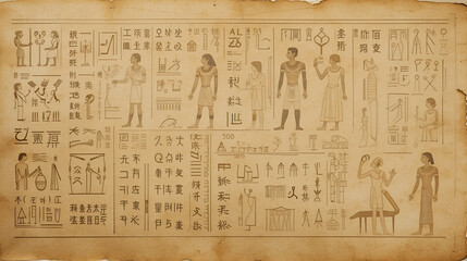 Fototapeta premium Ancient egyptian hieroglyphs on aged papyrus paper background.