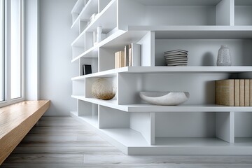 Modern white bookshelf with decorative items high resolution photo