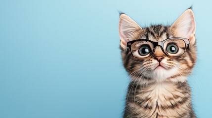 Smart kitten wearing glasses against blue background. Cute banner for educational, pet and kids related, eyewear and business promotions