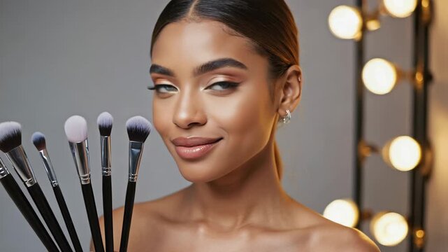 Young woman applying makeup with brush on face