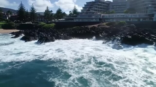 Coastal waves crashing against rocks, with a modern hotel in the background