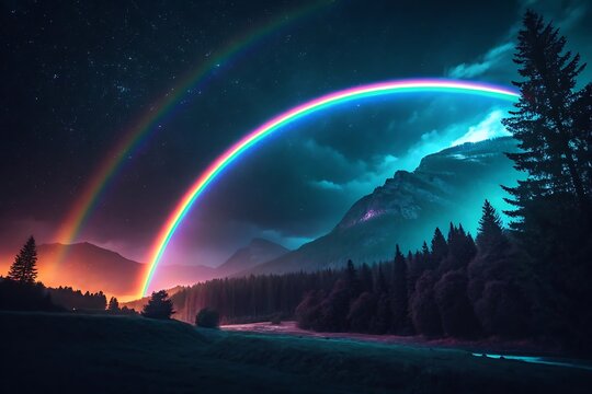 Rainbow shining over the city and sea under a beautiful night sky with clouds and reflections