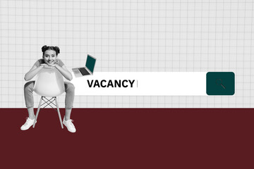 Visual abstract collage of person sit chair browsing vacancy with netbook on white background