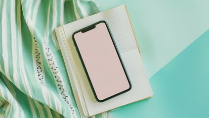 Pastel-toned image of a smartphone on a notebook