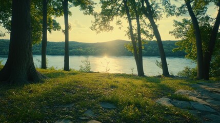 Obraz premium Tranquil riverside scene at sunset.