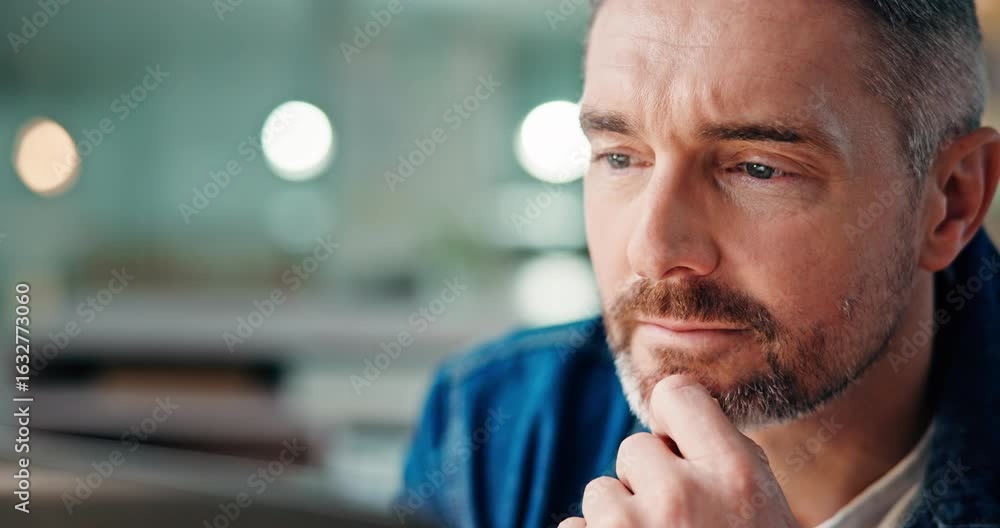 Poster business, man and thinking with laptop in office for app development, planning and system design. so