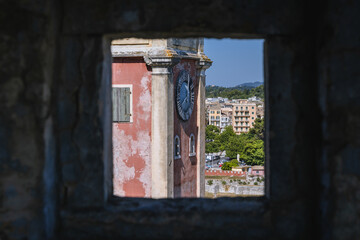 Historic Clock Tower in Old Fortress in Corfu, capital city of Corfu Island