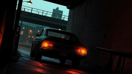 A dark vintage car drives out of a dimly lit tunnel, its taillights glowing in the night.