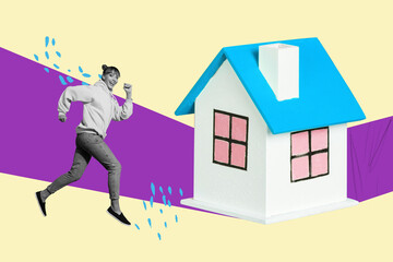 Picture template collage of person run near big house apartment over yellow color background