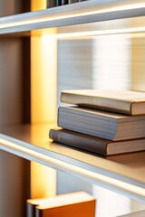  Close-up of modern LED-lit shelves with vibrant colors and stacked books.
