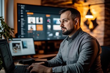  Focused content creator working at home office, building personal brand on social media, digital nomad lifestyle