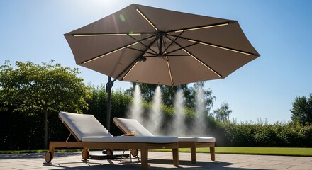 Luxury outdoor lounge with misting umbrella and chaise lounges