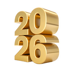 A stack of golden numbers displaying the year twenty twenty six on a black background isolated
