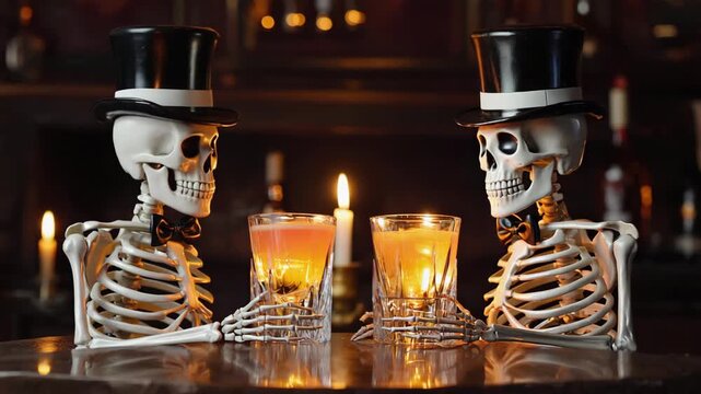 Skeletons couple drinking orange cocktails in bar. Halloween concept 