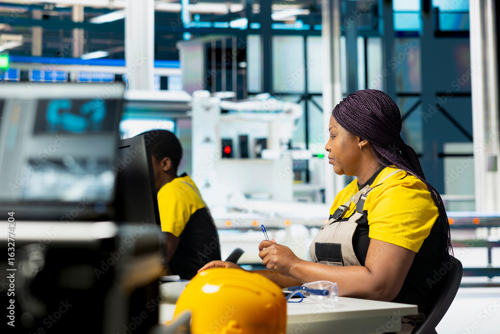 Poster engineer configures solar panel systems on pc in modern factory, working on energy optimization soft