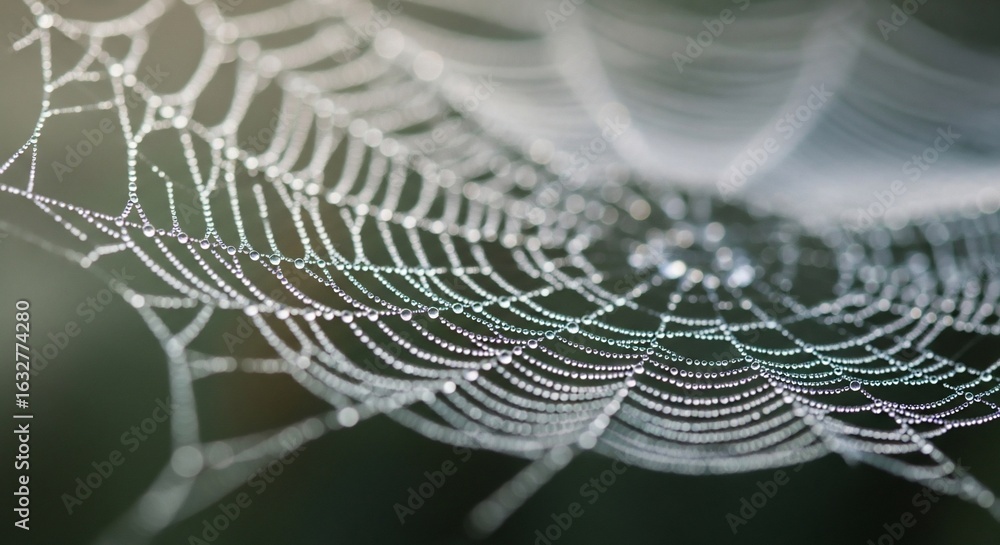 Wall mural macro shot of a dew-covered spider web with intricate patterns and sparkling water droplets
