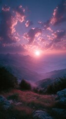 Fototapeta premium Majestic orange sunset paints the mountains in breathtaking hues, casting serene shadows across the evening landscape