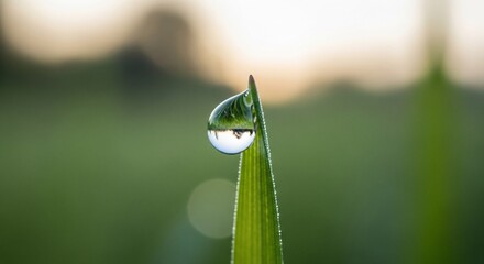 Macro shot of a dewdrop on a blade of grass reflecting the sky and trees