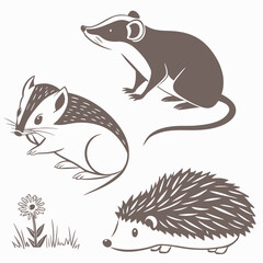 Illustration featuring a badger, a mouse, and a hedgehog with a flower and grass in a simple style