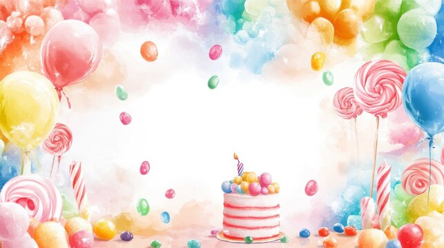 Colorful birthday celebration with balloons, cake, and sweets - Powered by Adobe