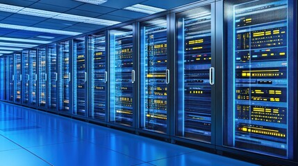 Row of server racks in a data center.