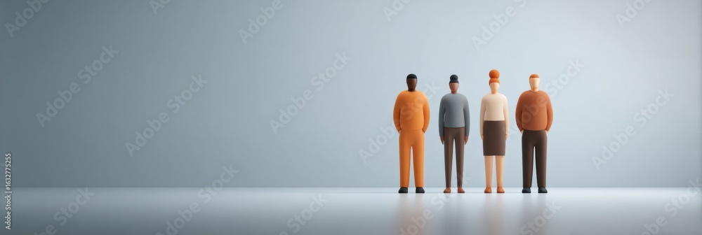Poster diverse group of four stylized figures standing together in a minimalist space with a soft gray back