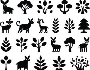Obraz premium Collection of Black Forest Wildlife Silhouettes and Tree Icons Vector Illustration Set Eco Friendly Environment and Nature Design Elements