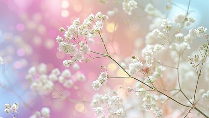 Fototapeta premium Delicate white flowers on a pastel bokeh background
